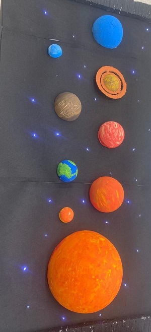 Maquete do sistema solar com planetas de isopor e fundo estrelado com LEDs